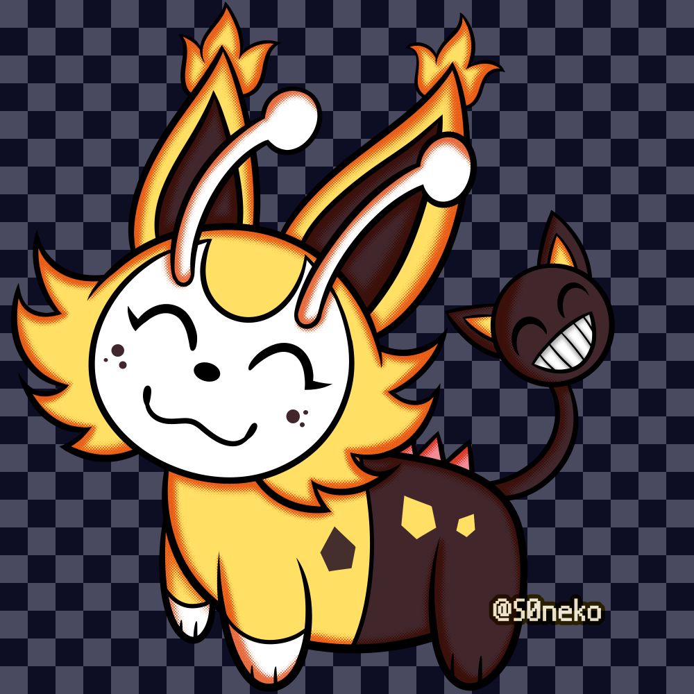 A simple shaped fullbody artwork of sasusaku's OC Pip, a fusion of a Skitty and a Girafarig. Pip is smiling looking at the viewer.
