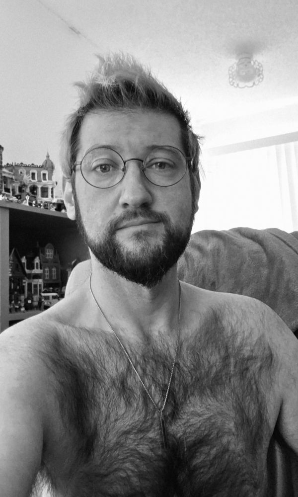 Black and white shirtless selfie