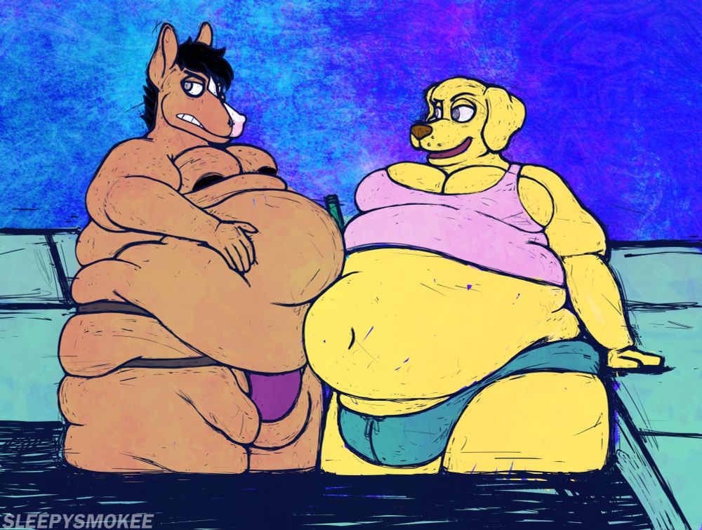 Bojack Horseman and Mr Peanut Butter from the show Bojack Horseman are at a pool party and pressing their bodies up against each other. 