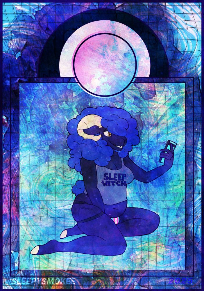A pin up of a ram in a transgender jockstrap and tank top that says sleep witch on it.