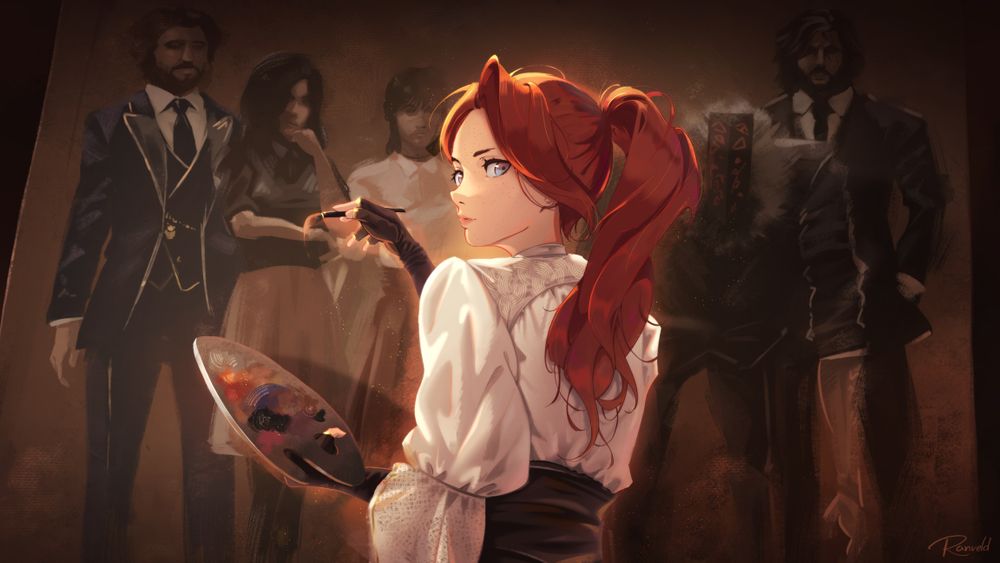 Fanart of Maelle from Clair Obscur: Expedition 33. She paints the expedition members on a big canvas, that fills the background, and is turning aroud to look at the viewer.