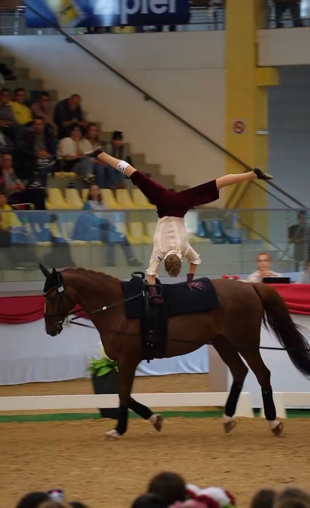 a person doing a handstand with their legs spread atop a horse