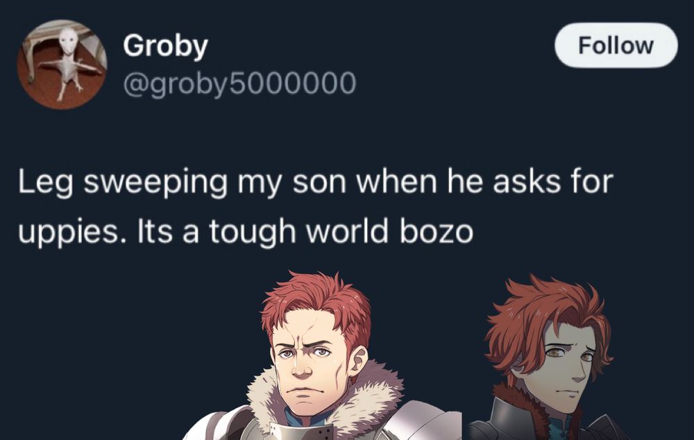 post from @ groby5000000 on twitter 

Leg sweeping my son when he asks for uppies. Its a tough world bozo

Portraits of Matthias and Sylvain Gautier are overlaid