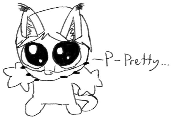 My OC looking upwards like a goober saying "P-Pretty..."
