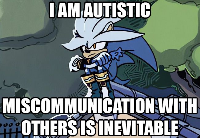 An image of an apprehensive Silver the Hedgehog with the following text;
"I am Autistic. Miscommunication with others is inevitable."
