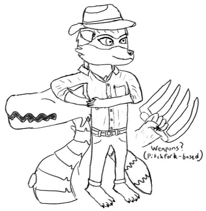 Maypul from Rivals of Aether 2 wearing an Australian farmer-based outfit, accompanied by her plant Lily. Also features a sketch of her weapons based on pitchforks.