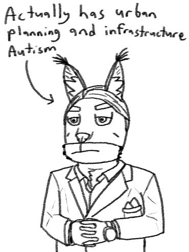 My OC Caracal in a suit holding his hands with text pointing towards him saying "Actually has urban planning and infrastructure Autism"