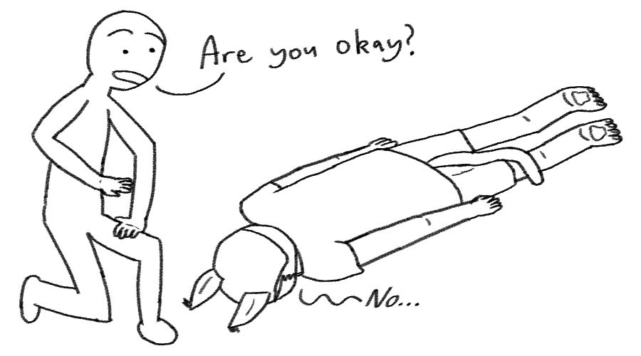 An nondescript character is kneeling down asking "Are you okay?"
The second character, my caracal sona lying on the ground face down, responds pensively "No..."