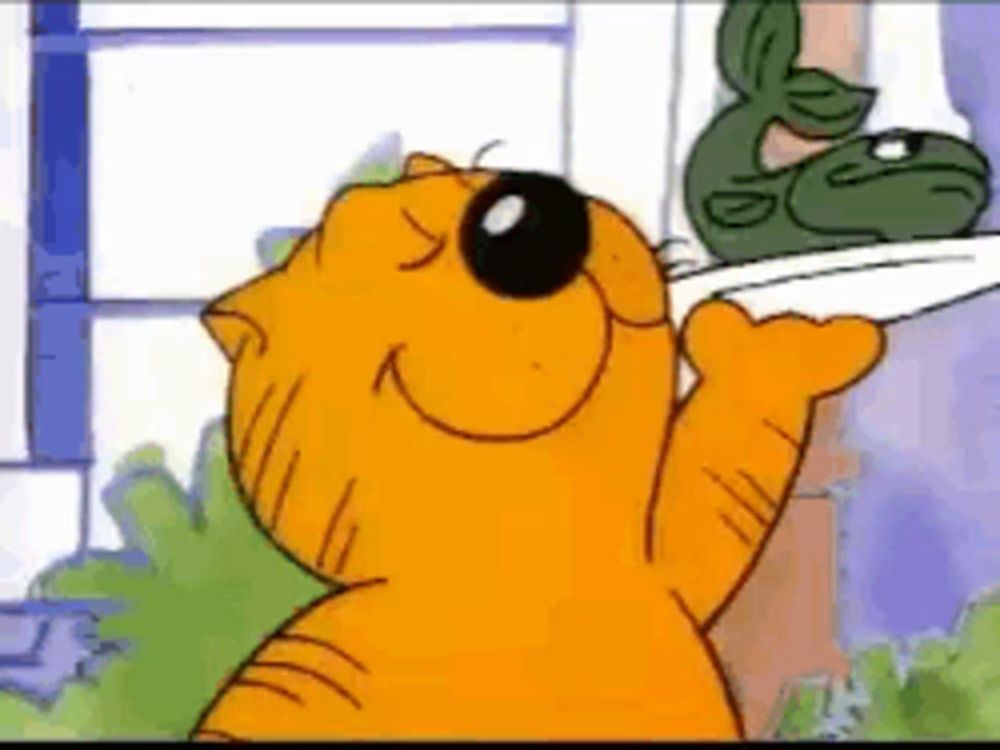 a cartoon cat is standing next to a frog on a window sill and smiling .