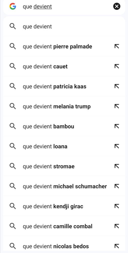Suggestions de Google au début de question "Que devient..."
Recherches les plus fréquentes en France : Que devient Pierre Palmade, Cauet, Patricia Kaas, Melania Trump, Bambou (?!), Loana, Stromae,Michael Schumacher, Kendji Girac, Camille Combal, Nicolas Bedos