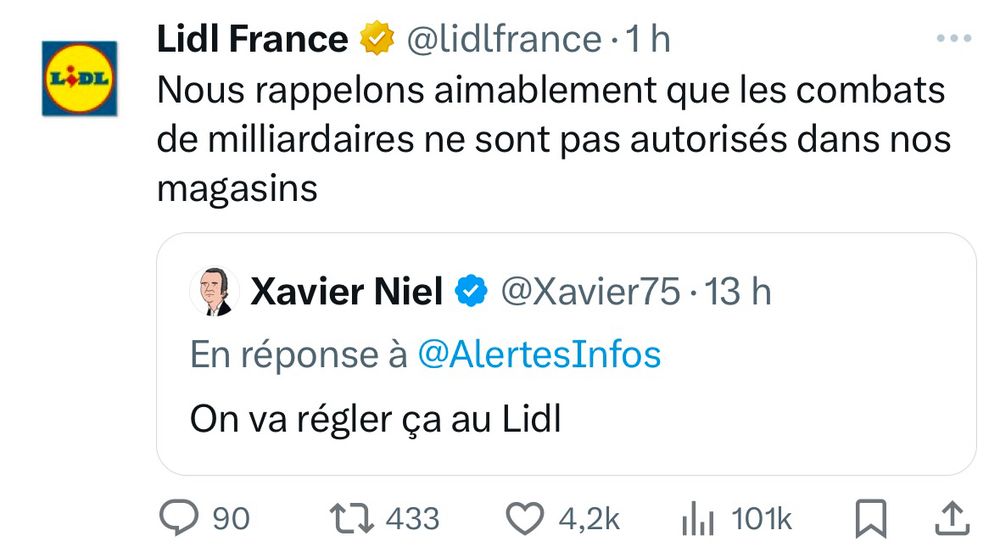 Tweet de Lidl France répondant à Xavier Niel « Nous rappelons aimablement que les combats de milliardaires ne sont pas autorisés dans nos magasins »
