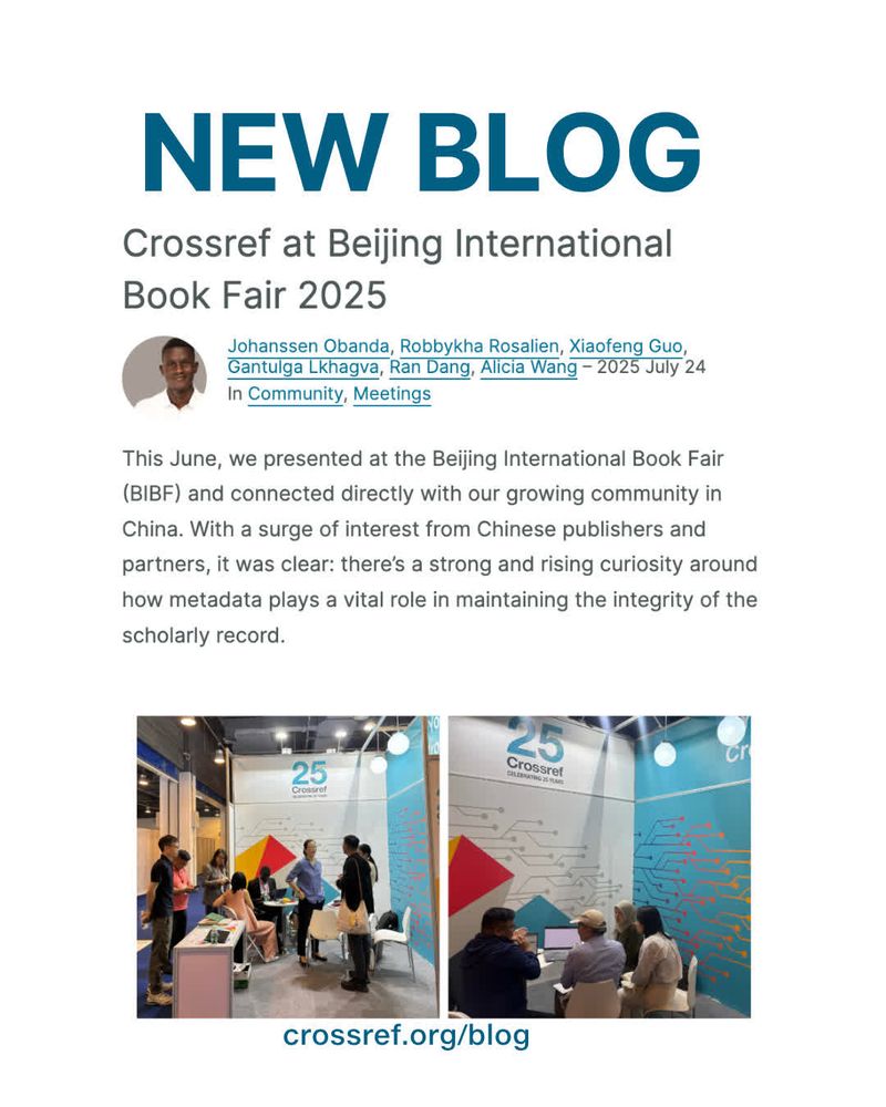 Graphic promoting the blog "Crossref at Beijing International Book Fair 2025" with event photos and link to crossref.org/blog