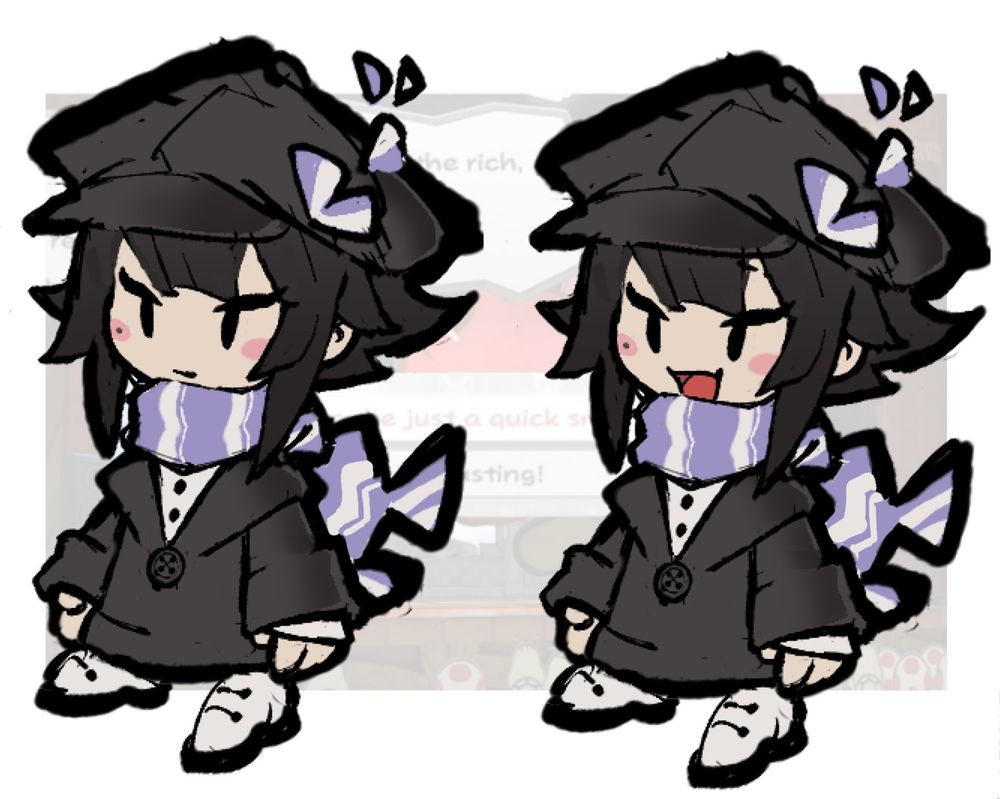 Drawing re-imagining an original character in a style inspired by paper mario the thousand year door. The character wears a black baker hat, decorated with a feathery brooch, violet scarf with white stripes,and a black coatdigan, and is depicted with two expressions. 