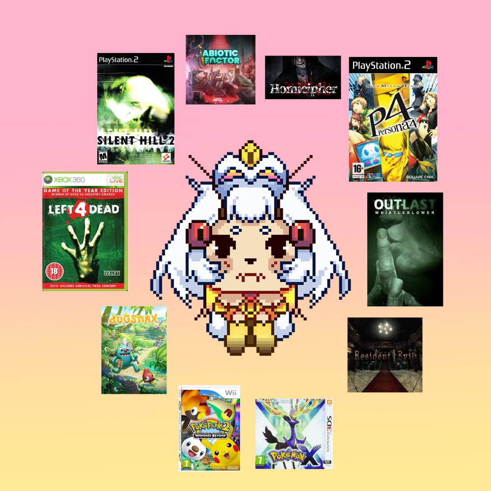 Pixel chibi of my mantis vtuber with 10 games I love:
Silent Hill 2
Left 4 Dead
BugSnaxs
PokePark 2
Pokemon X
Resident Evil 1 Remake
Outlast WhistleBlower
Persona 4
Homicipher
Abiotic Factor