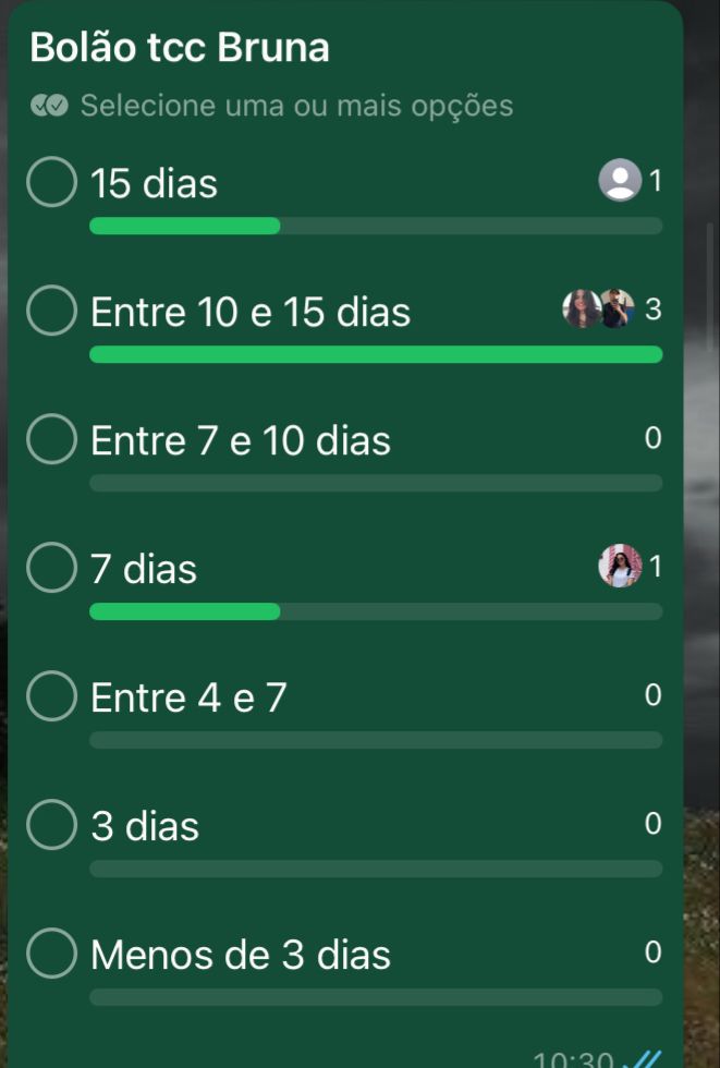 Print do WhatsApp com enquete com legenda “Bolão tcc Bruna” e alternativas com quantidade de dias. A opção “15 dias” tem um voto, a opção “entre 10 e 15 dias” tem três votos e a opção “7 dias” tem um voto 
