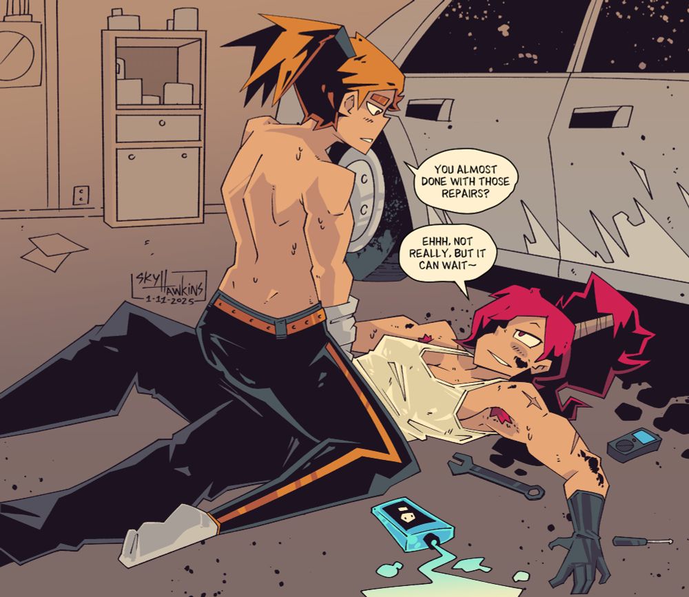 Ripley and Zoe from my web comic Exhaust

Zoe: "You almost done with those repairs?"

Ripley: "Ehhh, not really, but it can wait~"