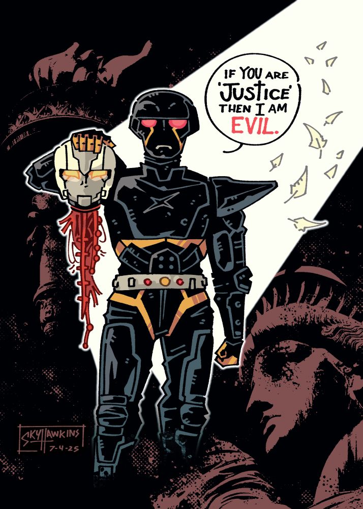 Mechanical Violator Hakaider holding a severed robot head. He says, "If you are Justice, then I am Evil."