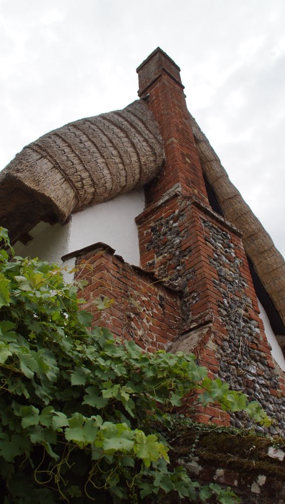 Decorative thatched roof and a red brick and flint chimney 