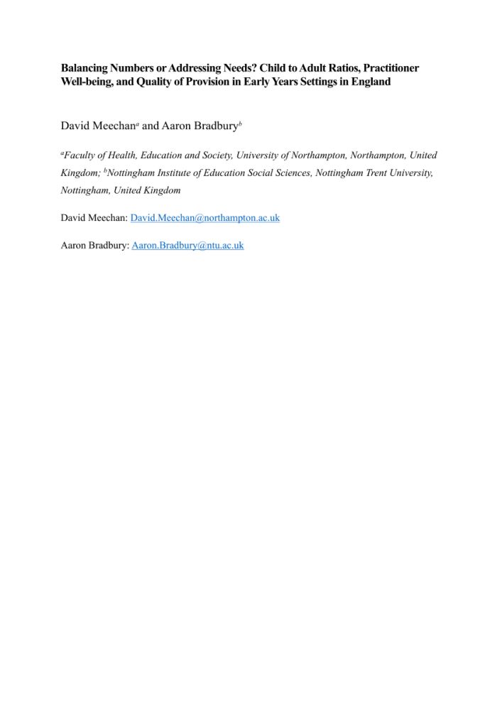 (PDF) Balancing Numbers or Addressing Needs? Child to Adult Ratios, Practitioner Well-being, and Quality of Provision in Early Years Settings in England Balancing Numbers or Addressing Needs? Child to...