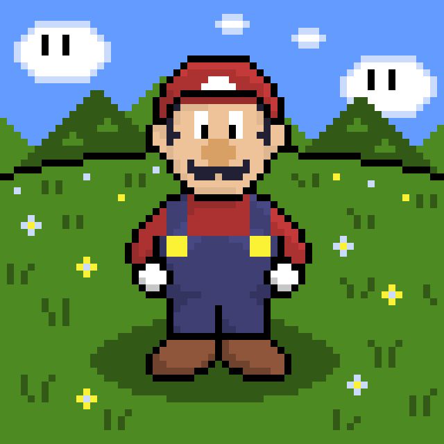 Pixel art of Super Mario on a green field
Pixel art do Super Mario em um campo verde