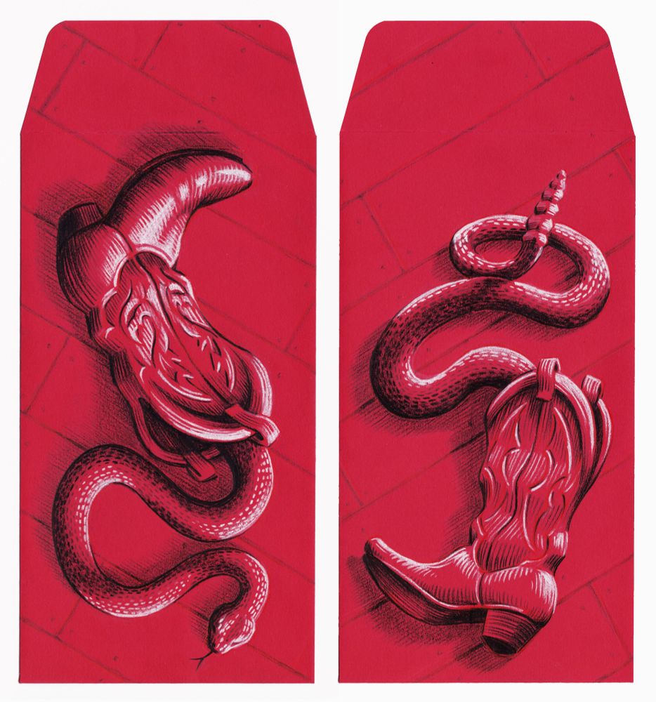 Two black-and-white colored pencil drawings on a lunar new year red envelopes, depicting rattlesnakes emerging from cowboy boots.