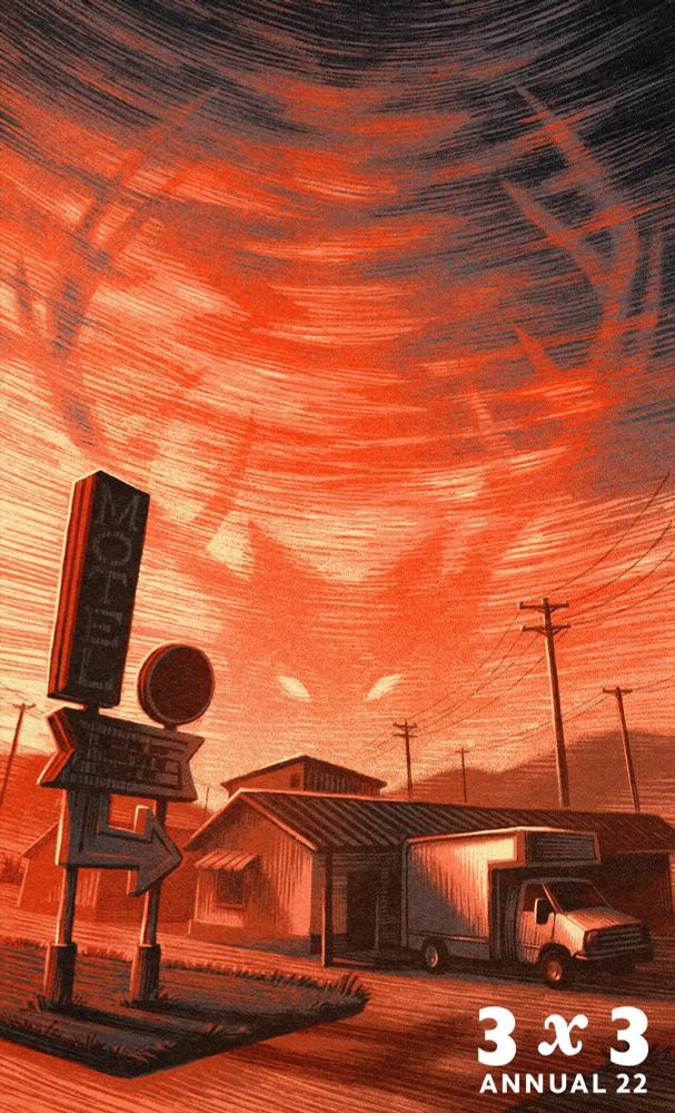 Digital illustration for "Parthenogenesis", a short story by Stephen Graham Jones, depicting a middle-of-nowhere motel exterior and moving truck underneath an ominous and animalistic sky. A logo in the bottom right corner reads "3x3 Annual 22"