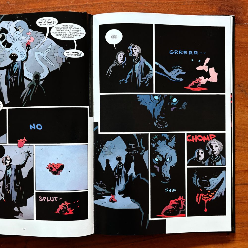 Interior spread from “Bowling With Corpses & Other Strange Tales From Lands Unknown”, story and art by Mike Mignola, colors by Dave Stewart, letters by Clem Robins