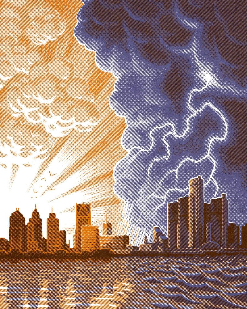 A digital illustration for DBusiness Magazine showing the Detroit, MI skyline in overlapping orange and blue linear halftones. Half of the image features sunshine with calm water while the other half shows storm clouds with rough waves.