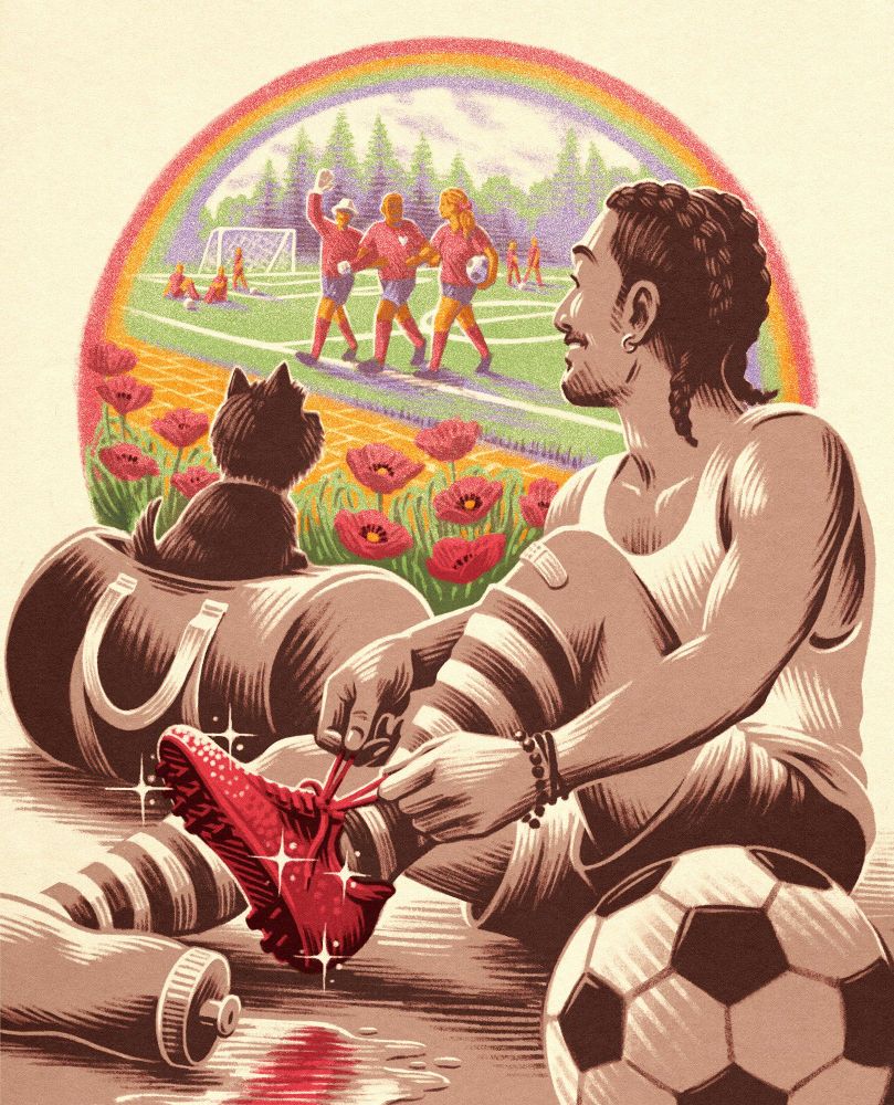 A Wizard-of-Oz-inspired digital illustration for for The InQueery showing a sepia-toned soccer player lacing up ruby cleats, with a rainbow-hued scene of poppies, a yellow brick road, and a soccer field in the background.