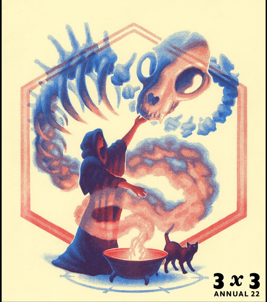 A two-color risograph print in red and blue on cream paper, depicting a robed figure summoning a skeletal figure from swirling smoke. A logo in the bottom right corner reads "3x3 Annual 22"