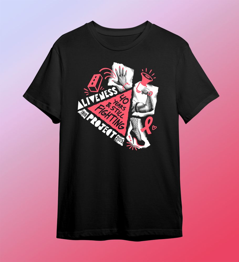 A mockup image of a black t-shirt with a red and white graphic that reads "Aliveness Project: 40 Years & Still Fighting"