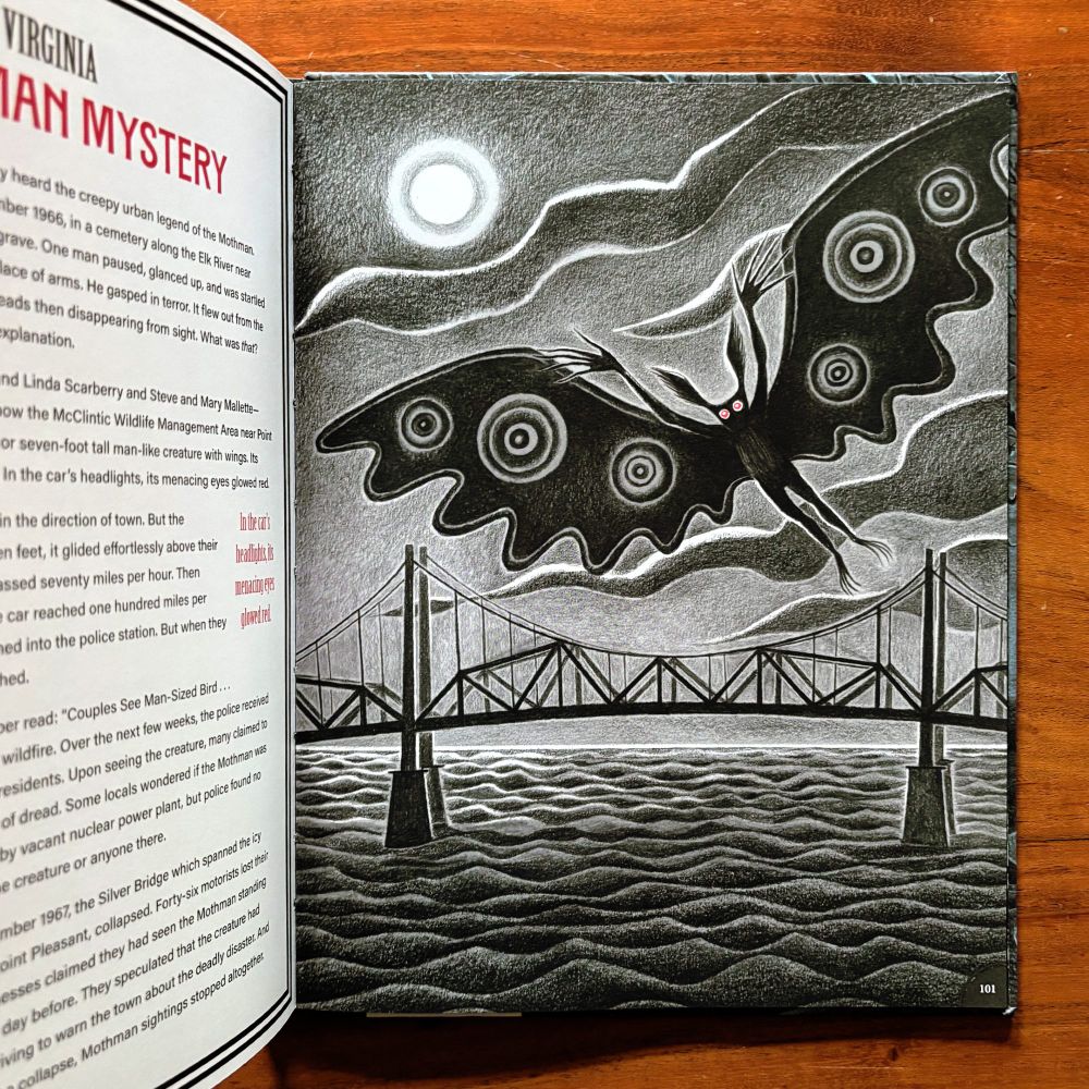 Interior spread from “Haunted U.S.A.: Spine-Tingling Stories From All 50 States”, written by Heather Alexander, illustrated by Sam Kalda, published by Wide Eyed Editions