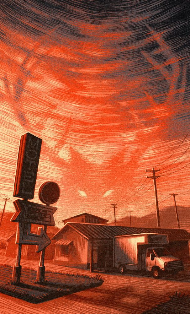 Digital illustration commissioned by Reactor Magazine for "Parthenogenesis", a short story by Stephen Graham Jones. The Illustration depicts a middle-of-nowhere motel exterior and moving truck underneath an ominous and animalistic sky.