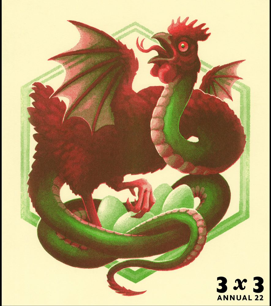 A two-color risograph print in red and green on cream paper, depicting a half-snake-half-chicken cockatrice guarding her clutch of eggs. A logo in the bottom right corner reads "3x3 Annual 22"