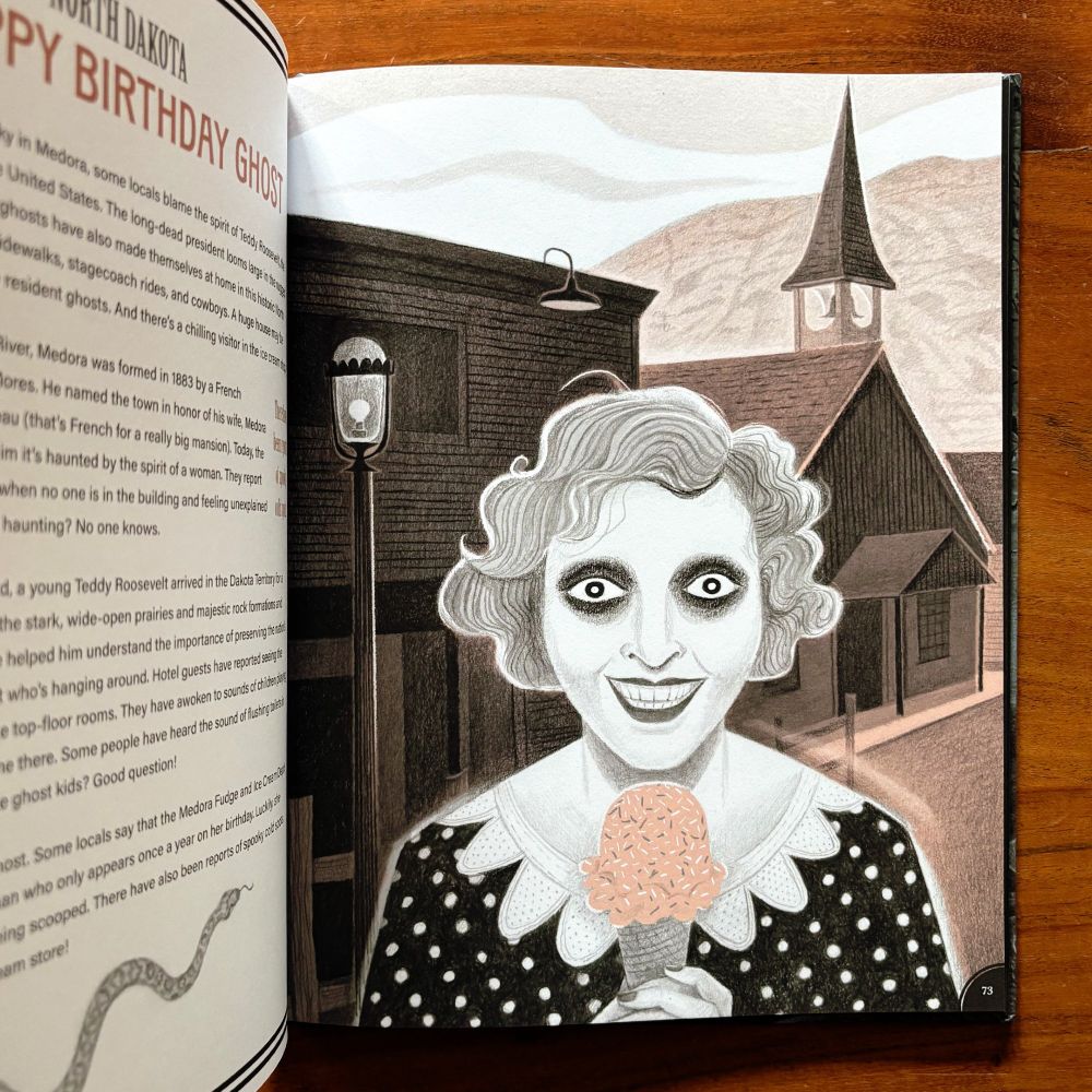 Interior spread from “Haunted U.S.A.: Spine-Tingling Stories From All 50 States”, written by Heather Alexander, illustrated by Sam Kalda, published by Wide Eyed Editions