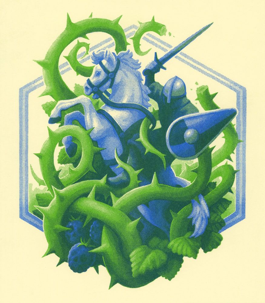 A two-color risograph print in green and blue on cream paper, depicting a mounted knight being pulled from his horse by thorny vines. Created for "The Drawing Board" exhibition at MCAD Gallery in Minneapolis, MN.