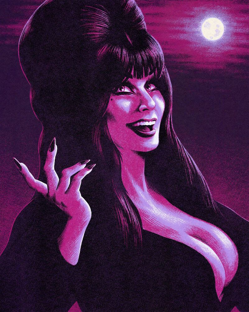 Digital illustration of Elvira, Mistress of the Dark (aka Cassandra Peterson)