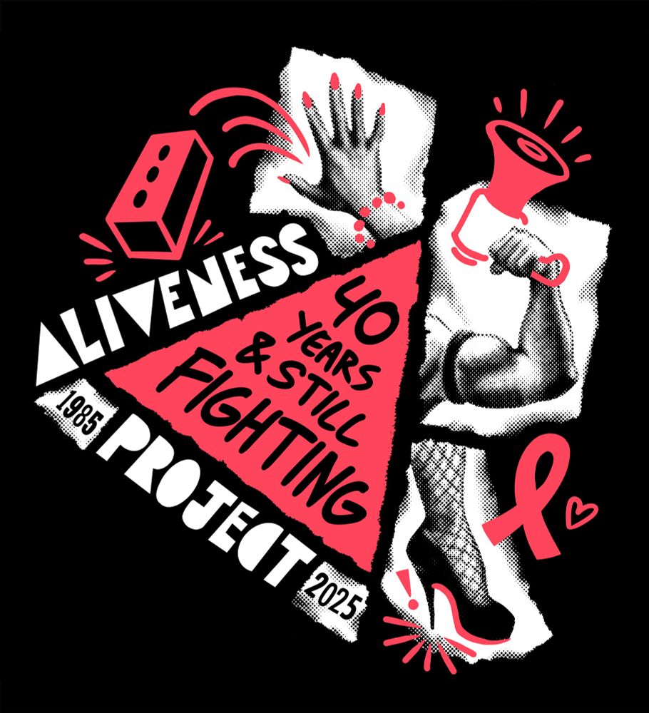 A digital illustration in  red and white that reads "Aliveness Project: 40 Years & Still Fighting"