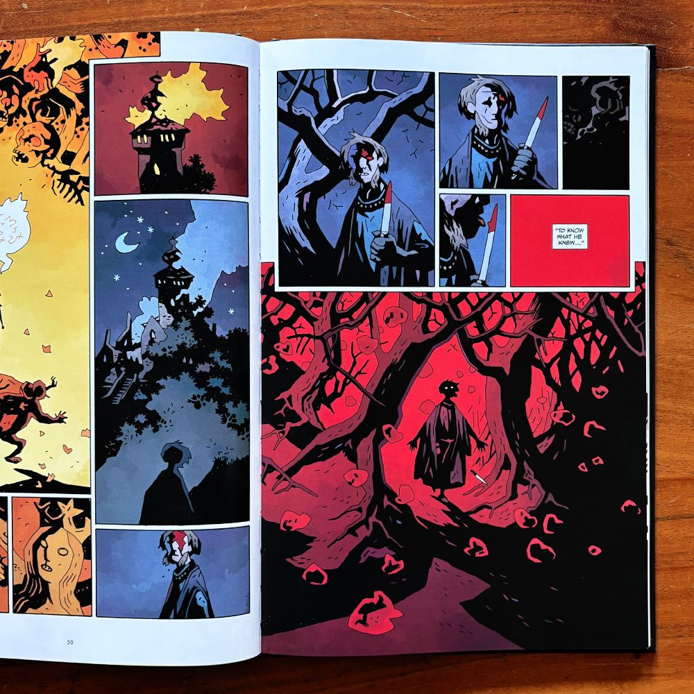 Interior spread from “Bowling With Corpses & Other Strange Tales From Lands Unknown”, story and art by Mike Mignola, colors by Dave Stewart, letters by Clem Robins