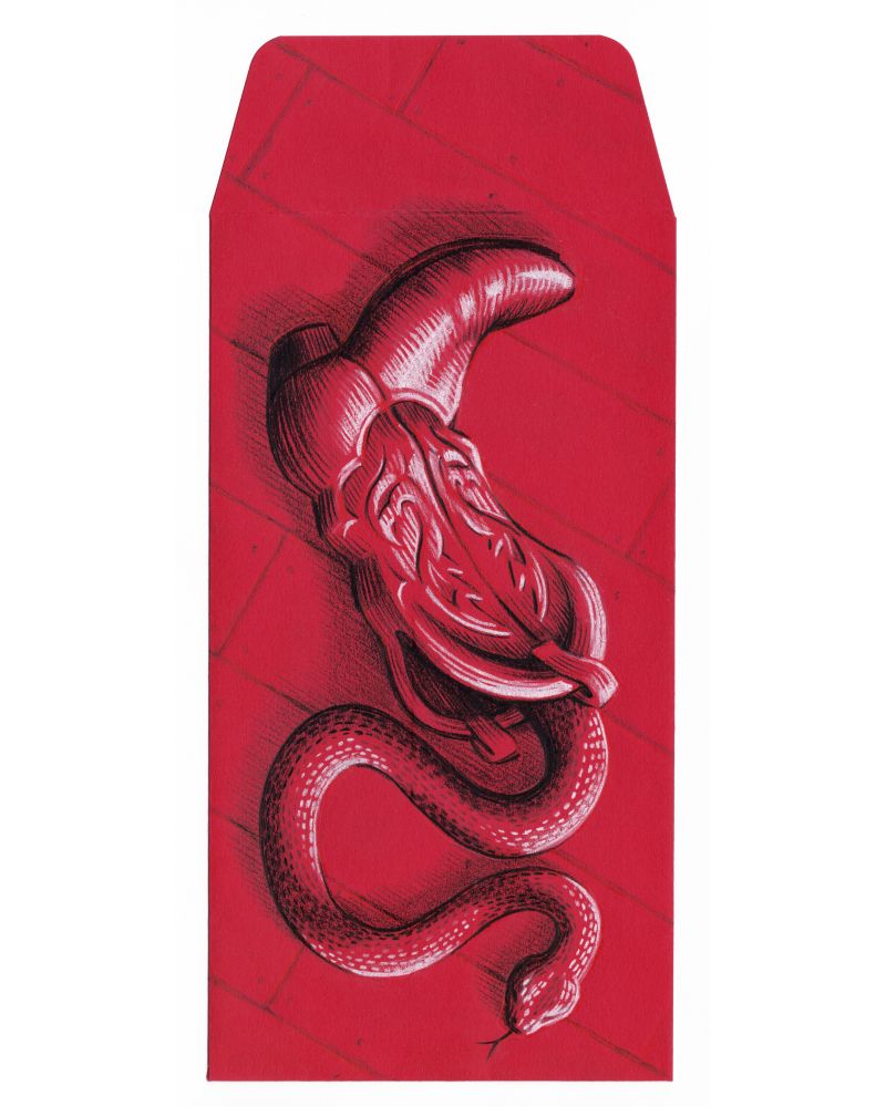 “You’re My Favorite Deputy!” — black and white colored pencil drawing on a lunar new year red envelope, 2025

The drawing depicts a rattlesnake emerging from a cowboy boot.