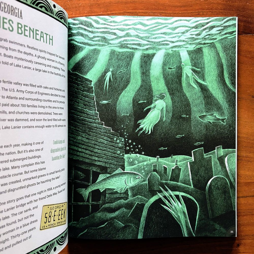 Interior spread from “Haunted U.S.A.: Spine-Tingling Stories From All 50 States”, written by Heather Alexander, illustrated by Sam Kalda, published by Wide Eyed Editions