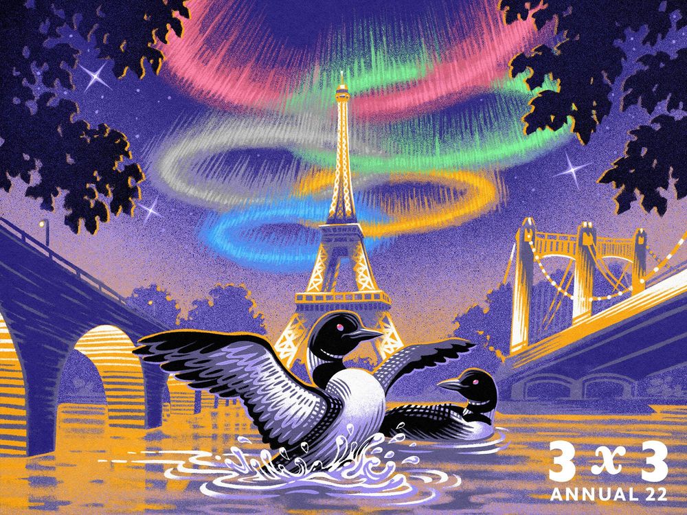 Digital illustration featuring a pair of loons splashing down in front of the Eiffel Tower, with the aurora borealis in the shape and colors of the olympic rings above. Minneapolis' Stone Arch Bridge and Hennepin Bridge frame the scene on either side. A logo in the bottom right corner reads "3x3 Annual 22"