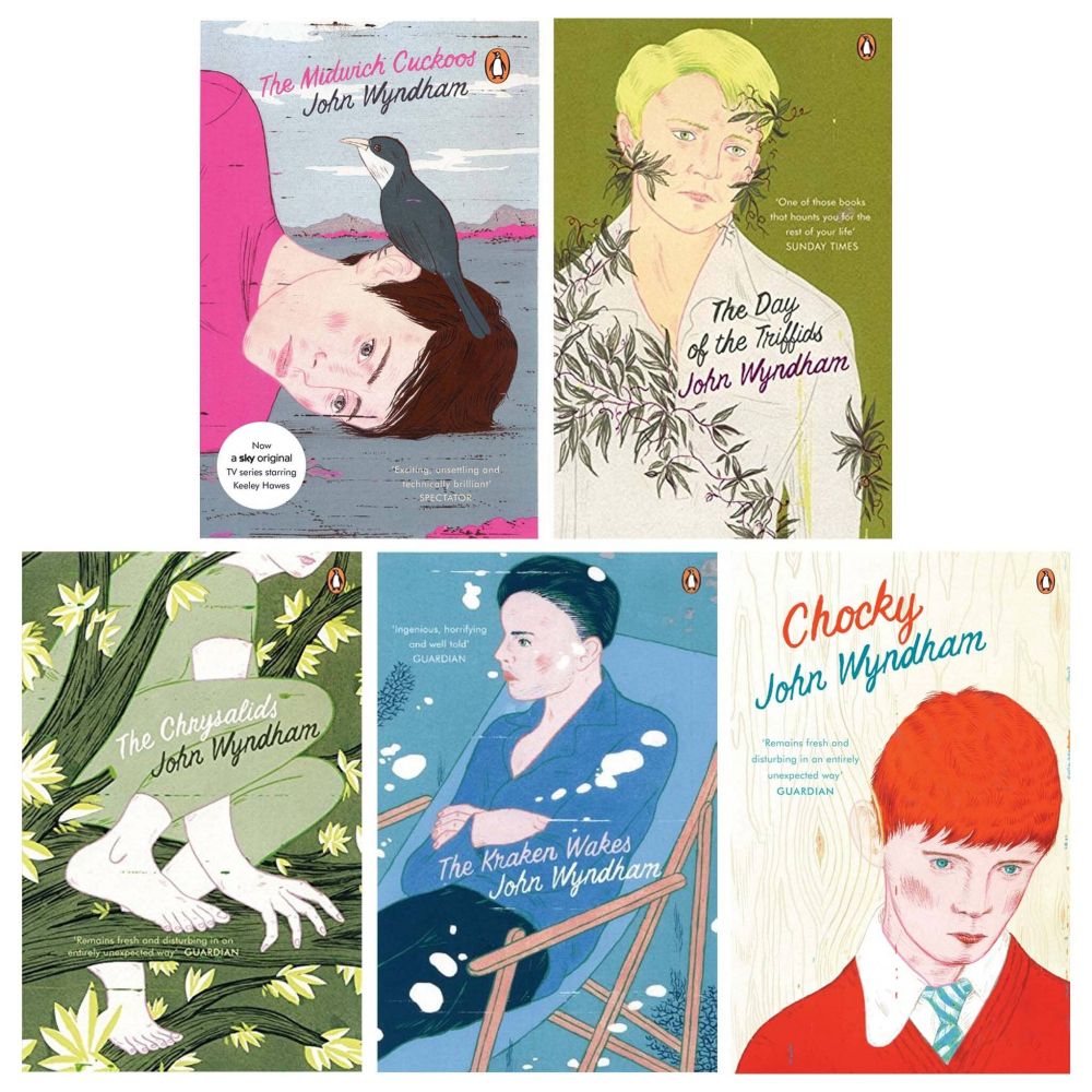 A selection of 5 books by John Wyndham, showing the moody, expressionistic cover illustrations 