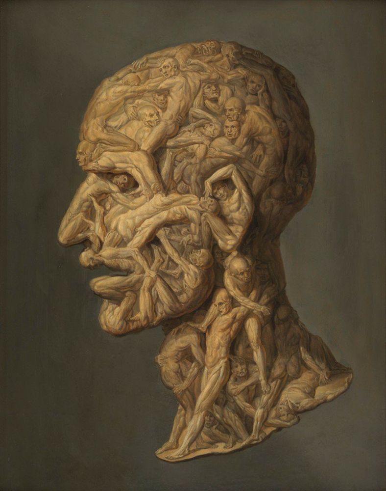 Disquieting painting of the head of a man composed of writhing nude figures