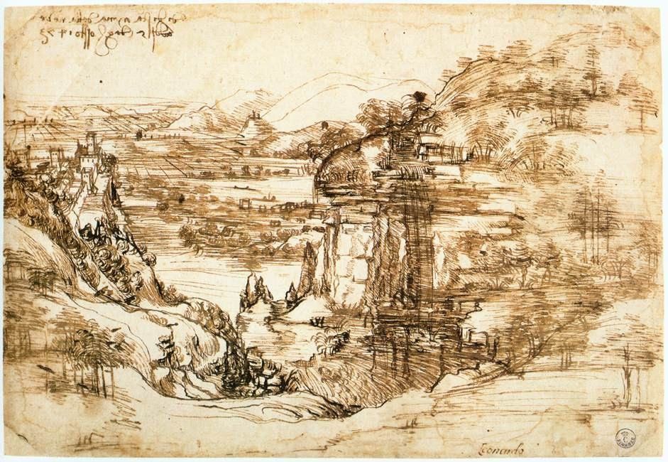 Leonardo da Vinci, Landscape Drawing for Santa Maria Della Neve, Pen and ink, 190 x 285 mm, Galleria degli Uffizi, Florence

A pen-and-ink drawing of a valley, showing a hilly landscape and a small fortified town, and an inscription of the upperleft