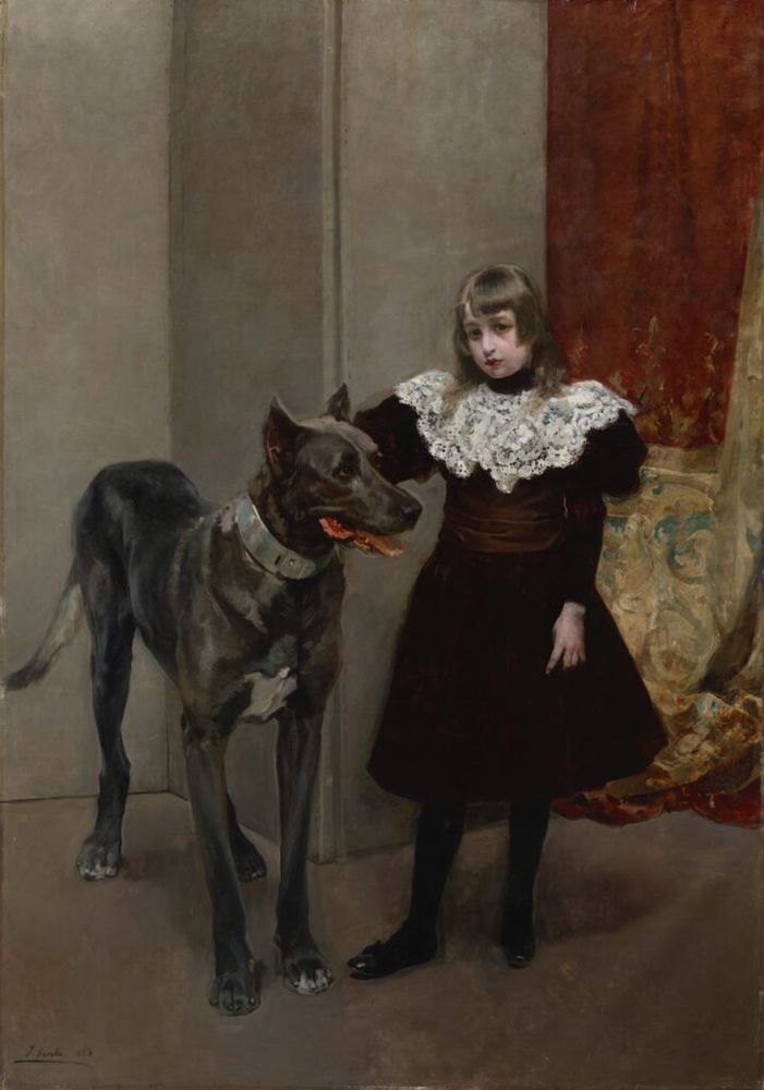 A double portrait of a large dog and little girl in a grey interior, a colorful curtain to the right
