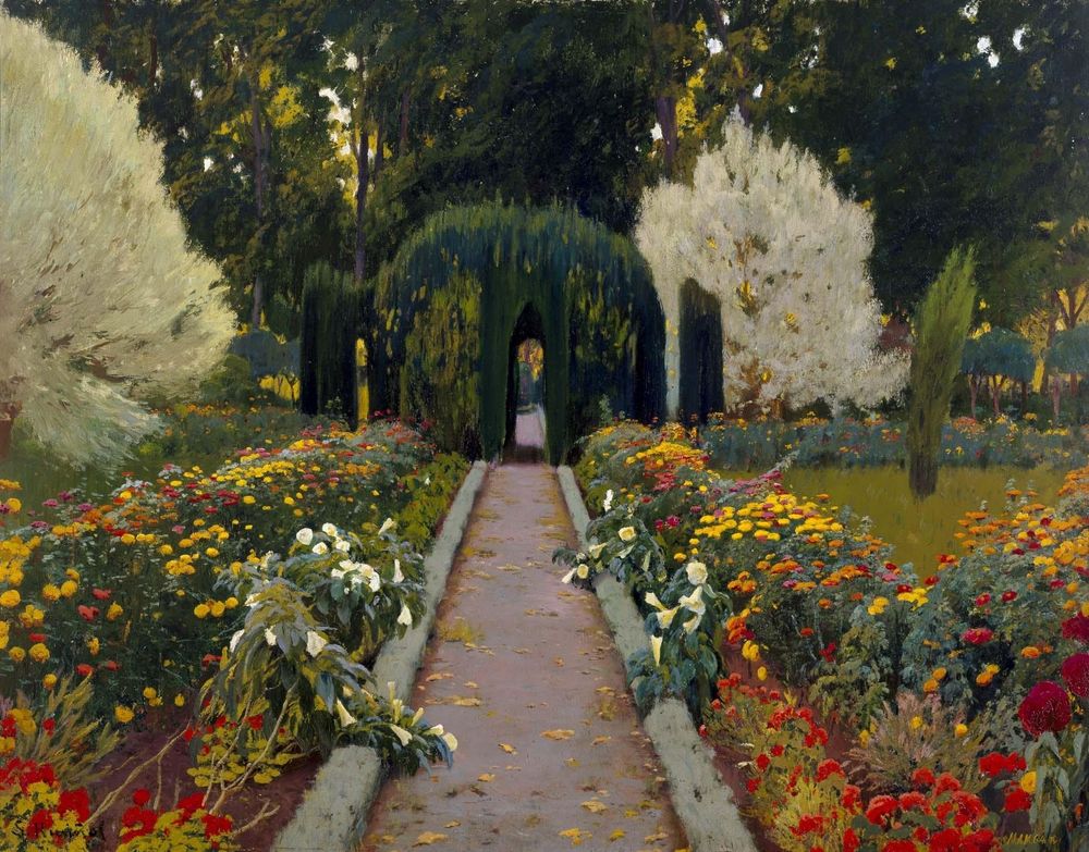 A painting of a flowered pathway in the Royal Gardens of Aranjuez, Spain