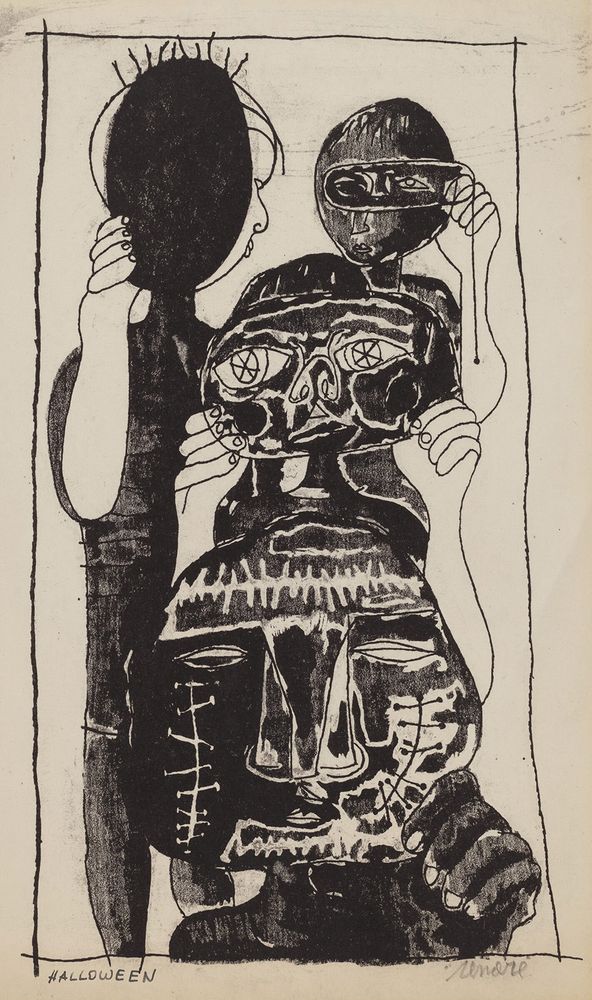 Stylized black-and white print of children in Halloween costumes