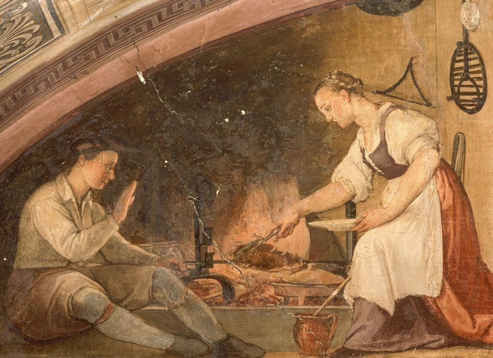 A detail of a fresco showing a man who sits before a hearth and a woman who prepares roast meat on a spit