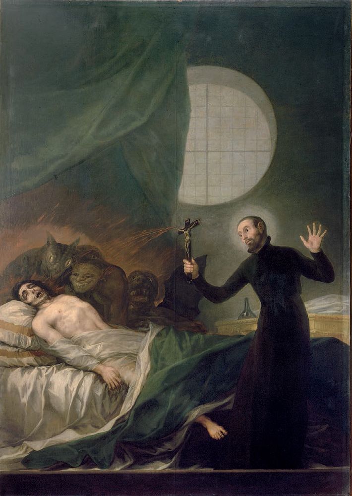 St. Francis Borgia attends to an unrepentant dying man, holding a crucifix, as demons lie in wait around the dying man